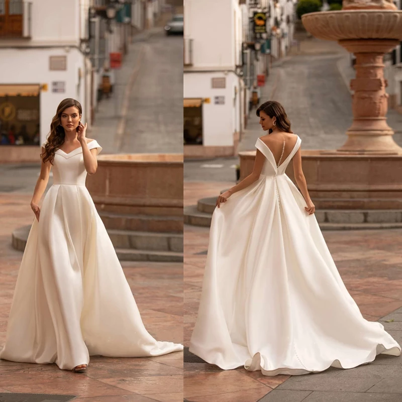 

Fashion Celebrity Dresses Off the Shoulder Ruched A Line Floor Length Illusion Back Bridal Gowns Wedding Dresses robe de soirée
