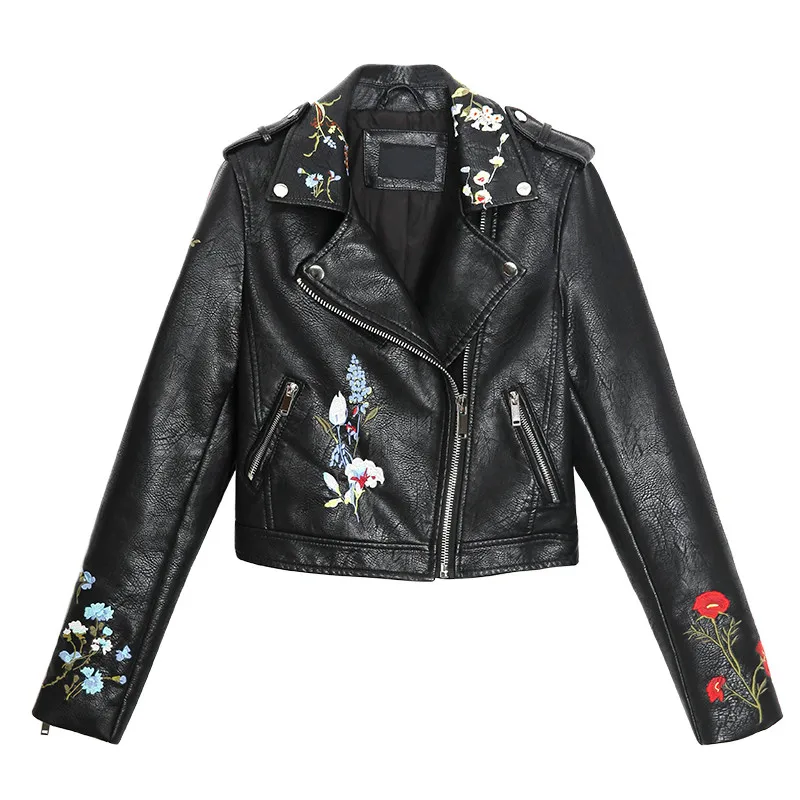 New Autumn Embroidered Leather Jacket for Women Faux Leather Jacket PU Punk Jacket, Slim Coat with Floral Print for Motorcyclist
