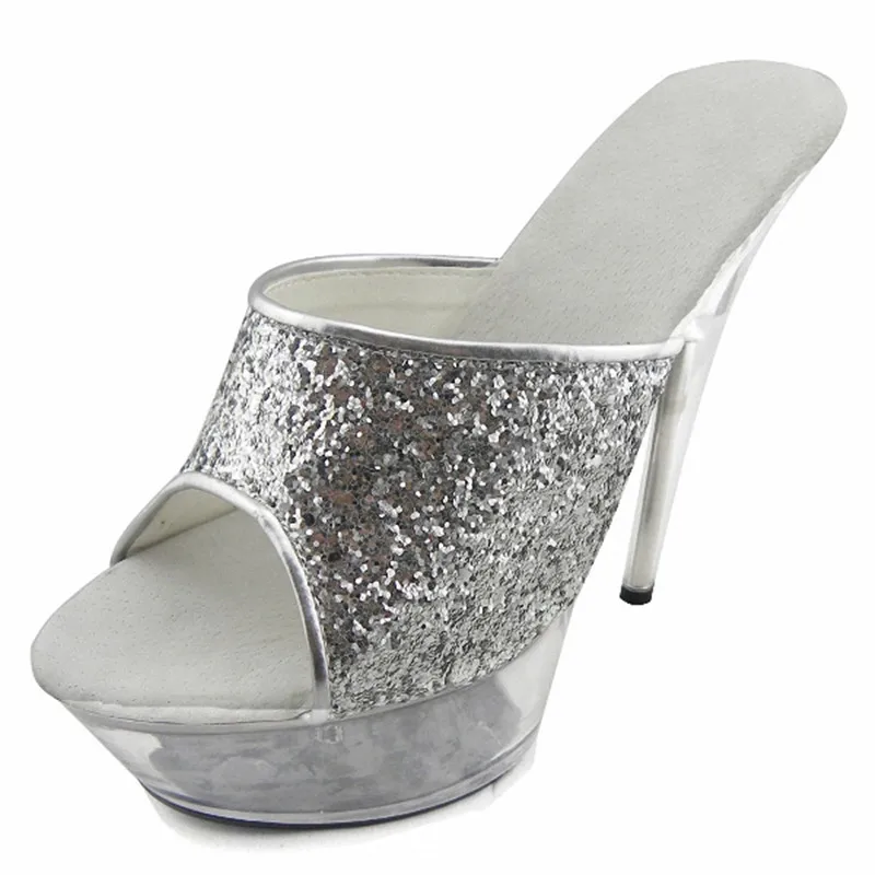 

Customized 15cm high heel sandals, sequined vamp wedding banquet women's shoes, crystal soles, slippers