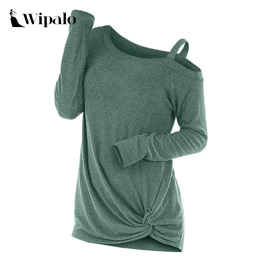 Wipalo Fashion Spring Knotted Skew Neck Sweater Long Sleeve Cut Out Solid Pullover Sweater Women Clothes One Shoulder Casual Top