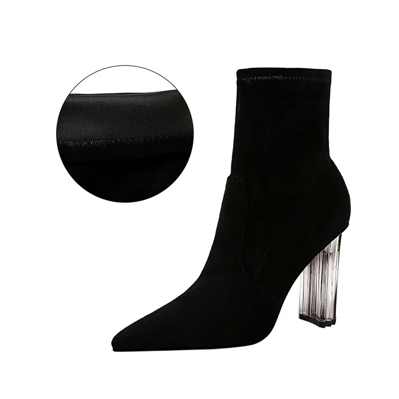 Women's Ankle Boots Sock Shoes Winter Warm High Heels Flock Pointed Toe Slip On Elegant Ladies Boot 2020 Autumn Hot Comfort Shoe