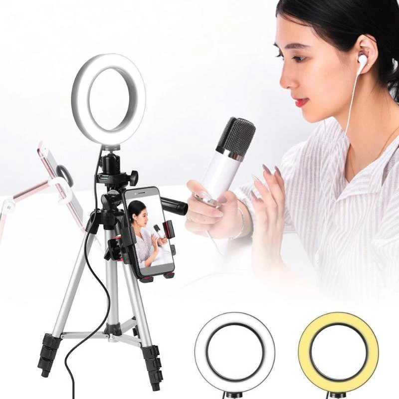 

5.7 inch Ring Light Tripod Phone Stand Holder for Video Makeup Mini LED Camera Light with Smart Phone Holder Desktop LED Lamp