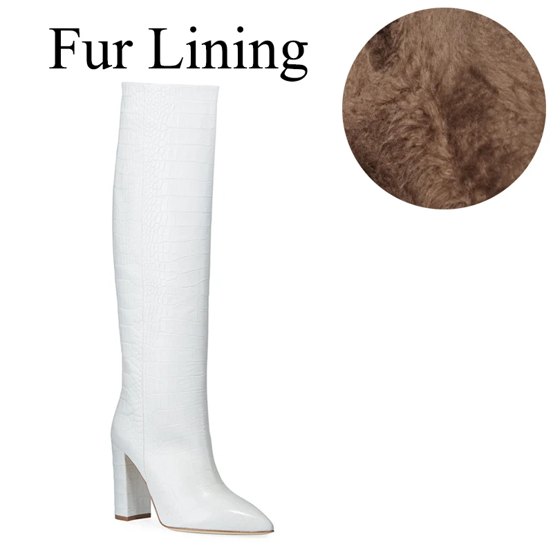 Plush Lining Белые женские сапоги до колена; коллекция года; фиолетовые сапоги с тиснением под крокодиловую кожу; высокие сапоги без застежки на высоком квадратном каблуке; женская зимняя обувь желтого цвета - Цвет: Plush Lining
