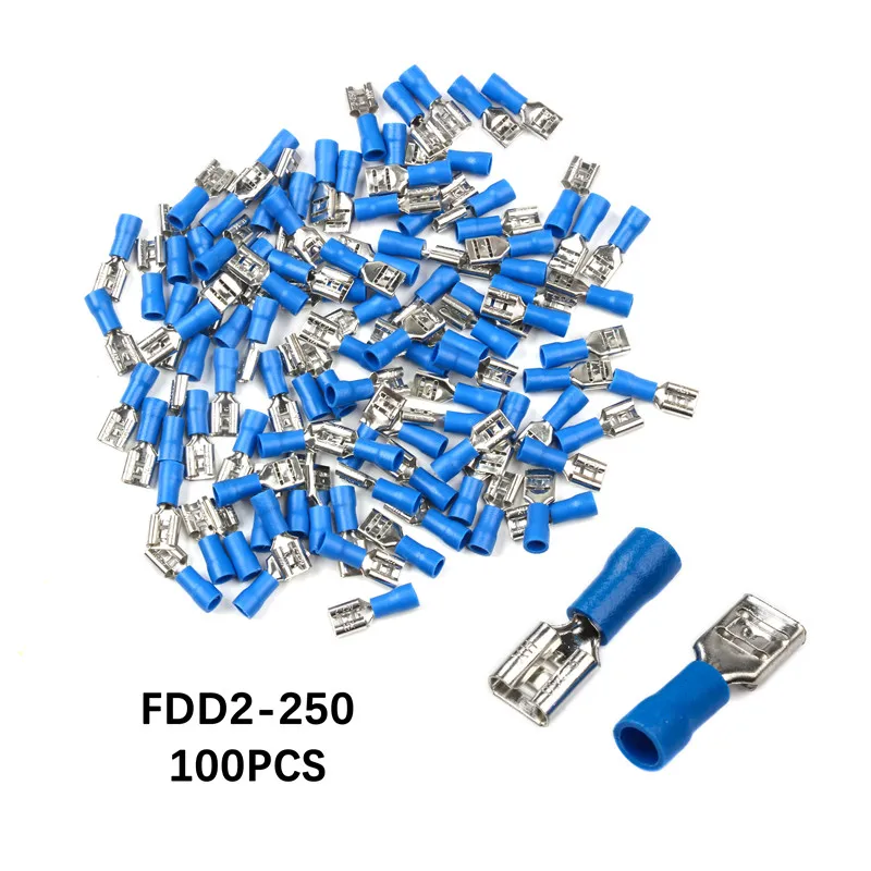 100 шт. синий 22-16 AWG женский изолированный Электрический обжимной терминал FDD 2-250 разъемы для 1,5-мм2 кабель провода разъем комплект