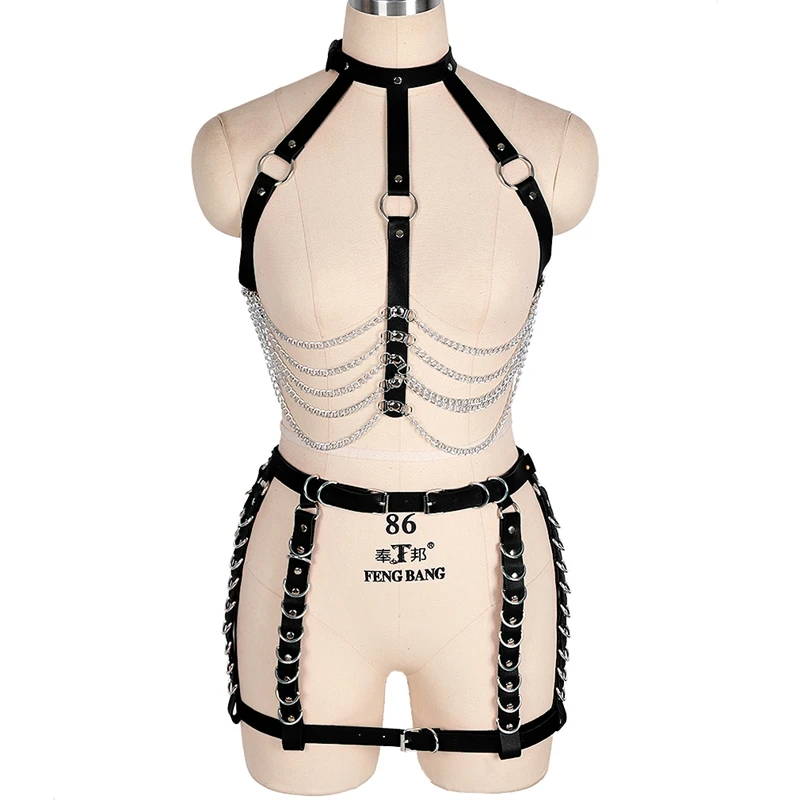 

2 Piece Set Sexy Leather Chest Harness Cage Body Bondage Chain Bra Halter Tops Leg Garter Belt Stocking Women Goth Lingerie Rave