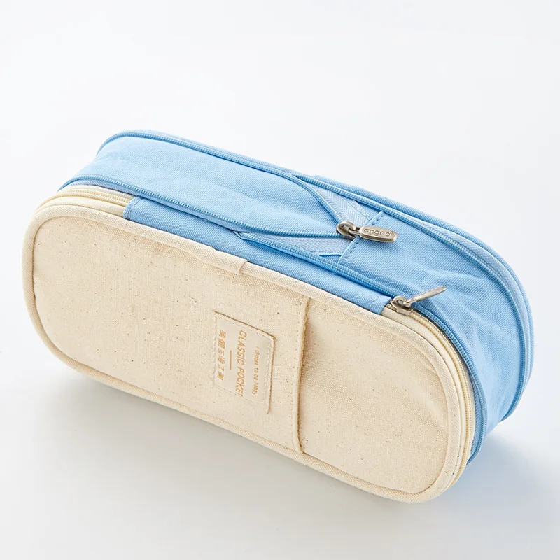Light Blue Холст Карандаш Чехол стрейч двойной Слои большой Ёмкость Макарон Цвет Хранения Детская школьная Канцелярия; карандаш "Ланч Бокс" милые Карандаш Чехол - Цвет: Light Blue