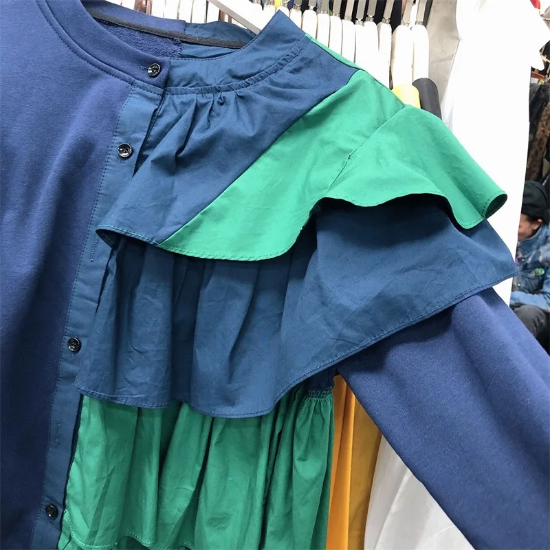Neploe, женская блузка, контрастные цвета, с оборками, однобортная, Blusas,, осень, корейский стиль, Круглый ворот, длинный рукав, рубашки, женские топы, 56217
