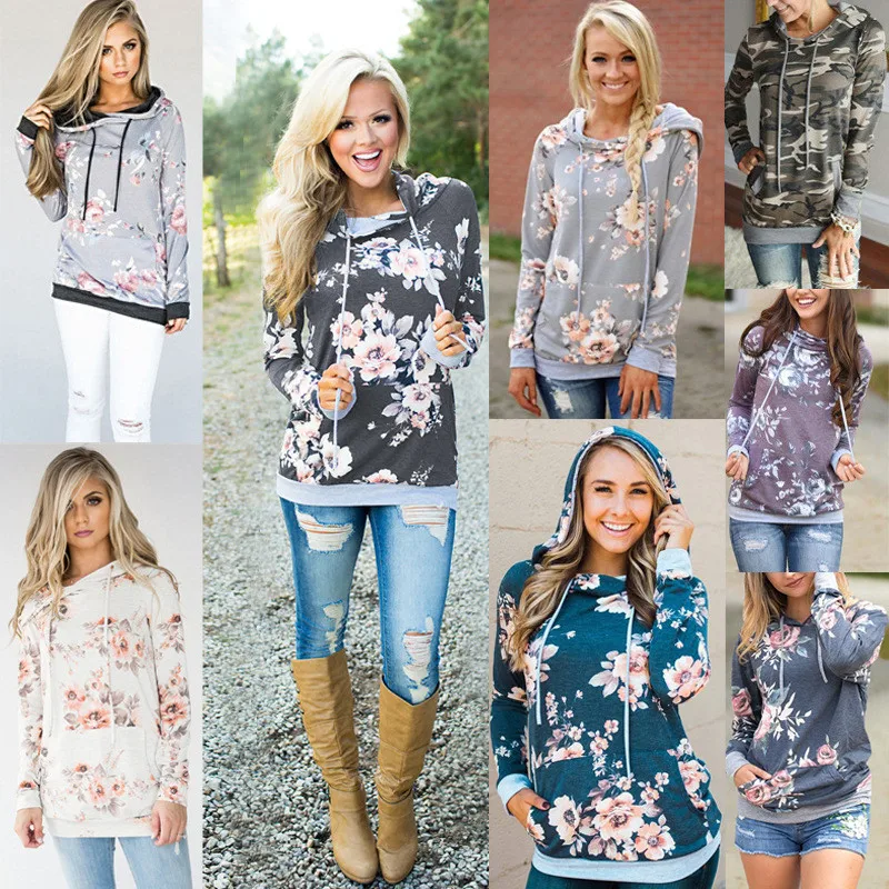 New Autumn Hooded Sweatshirt Women Slim Pocket Floral Printed Hoodies Fashion Casual Long Sleeve Cotton Warm Winter Hoody
