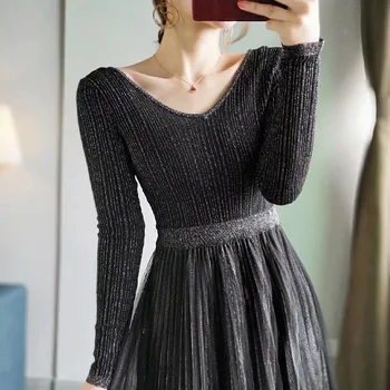 

Women Dress 2020 Early Spring New Shiny Gold Silk Knit V-neck Dress Female Pleated Mesh Dress