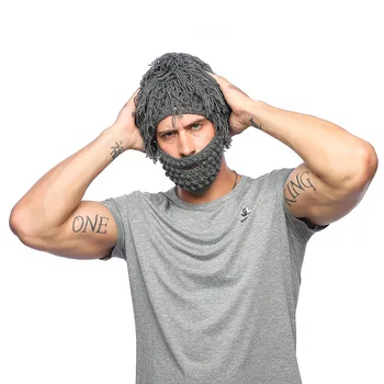

Creative straw hat men's knitting hat autumn and winter hand hook detachable wool beard weird hair cap