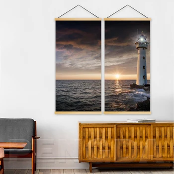 

Print Canvas Poster 2 Piece Lighthouse Ship Wooden Scroll Hanging Painting Starry Sky Sea View Home Decor Living Room Wall Art