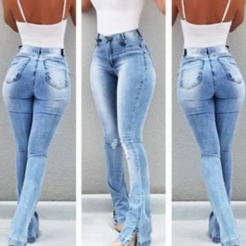 light blue Женские расклешенные джинсы с высокой талией, обтягивающие джинсовые штаны, сексуальные брюки с эффектом пуш-ап, Стрейчевые Женские повседневные джинсы - Цвет: light blue