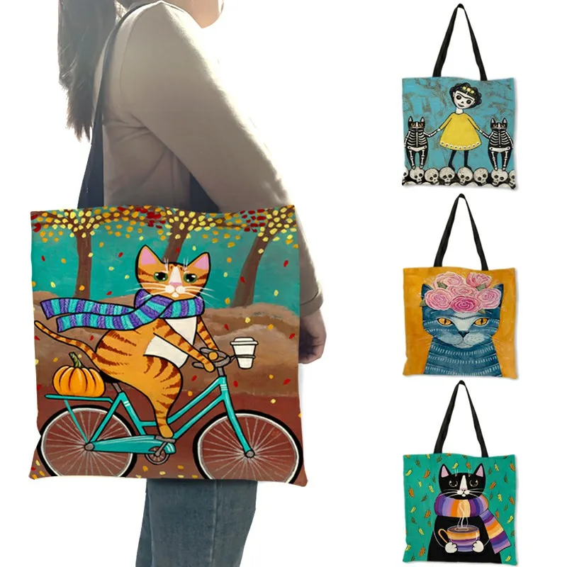 Personalized Cat Tote Bag For Women Lady Folding Reusable Linen Shopping Bag With Print Travel School Bags Handbag women handbags linen tote bag