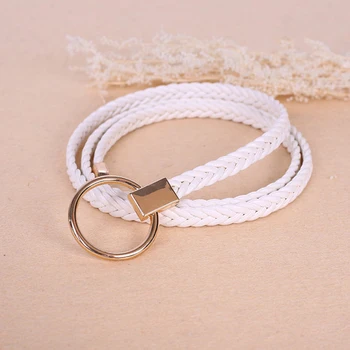 

Thin Knitted Braided Weaving Leather Belt Female Pure Color Waist Round Buckle Belts Women Dress Wild Small Belt Strap 6 Color