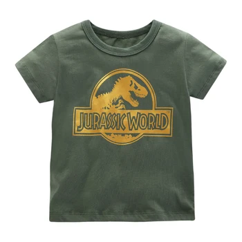 

Little Maven New Summer Kids Clothing Army Green Dinosaur Jurassic O-neck Short- sleeved Cotton Knitted Boys Casual Tshirts Tops