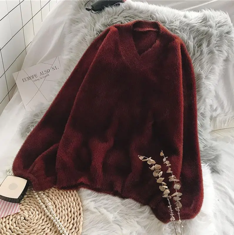 wine red Женский кашемировый свитер из искусственной норки с v-образным вырезом из флиса, плотный фонарь теплого света с рукавами, Женский пуловер, топы - Цвет: wine red