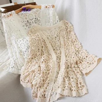 

lace hollow out women blouse v-neck loose solid plus size knitted lady shirts outwear coat tops