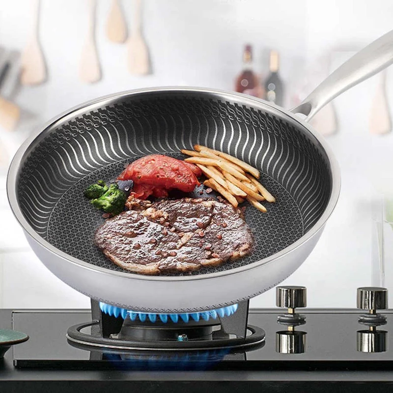 304 Stainless Steel Frying Pan Non-Stick Pot 26CM Fried Steak Saucepan Double-Sided Honeycomb Kitchenware | Дом и сад