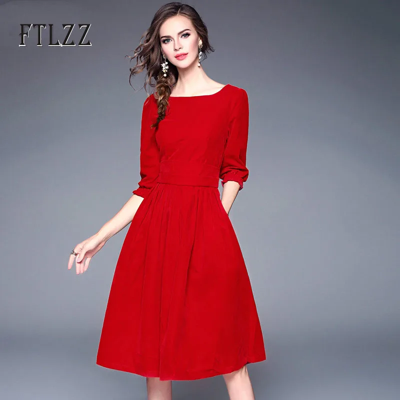 

Vintage Velvet Dress Women Slim A-line Elegant 3/4 Sleeved Long Robe Autumn Ladies Fashion Work Office Wear Dresses Vestidos