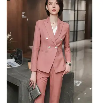 

Women Two Pieces Sets Pant Suits Pink Gray Black Blue High Quality 2019 Winter Fall Autumn Single Breasted Blazers and Pant Sets