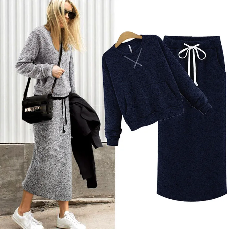 Two Piece Set Women Cashmere Hoodie Tops Pockets Gray Casual Calf-Length Skirt Lace Up Maxi Dress Suit Female Outwear | Женская одежда