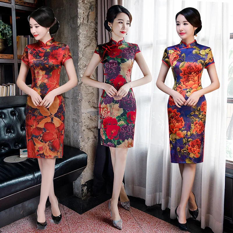 Короткий цветочный принт натуральный шелк Qipao сексуальный негабаритный 3XL тонкий леди с новогодней елкой, бумажный вечерние выпускное платье vestidos