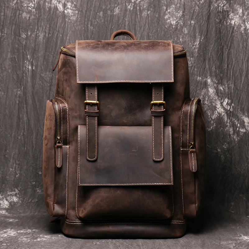 

Men's Retro Crazy Horse Leather Backpack Male Genuine Cow Leather Backpacks Laptop Backpack Big Outdoor Travel Packing Cubes Bag