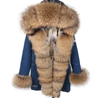 Fur Coat Fox Collar Denim Coats Winter Jackets Women Parkas Hooded Real Rabbit Fur Liner Women’s Jacket
