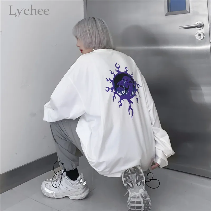 Lychee Harajuku Back Flame Sun женская футболка, топ, футболка, свободная, весна-осень, женские футболки, топы с круглым вырезом, большие размеры, женская футболка, футболки