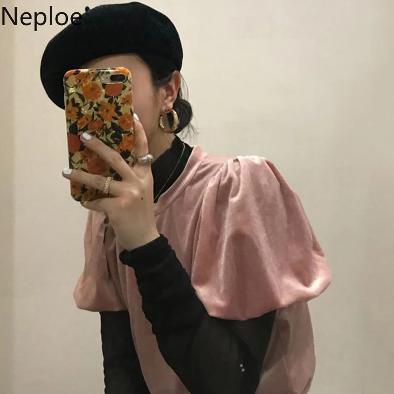 Neploe/корейская модная пышная футболка с длинным рукавом и круглым вырезом, 2 предмета, бархатные Лоскутные футболки, осень-весна, топ в стиле ретро, 48029