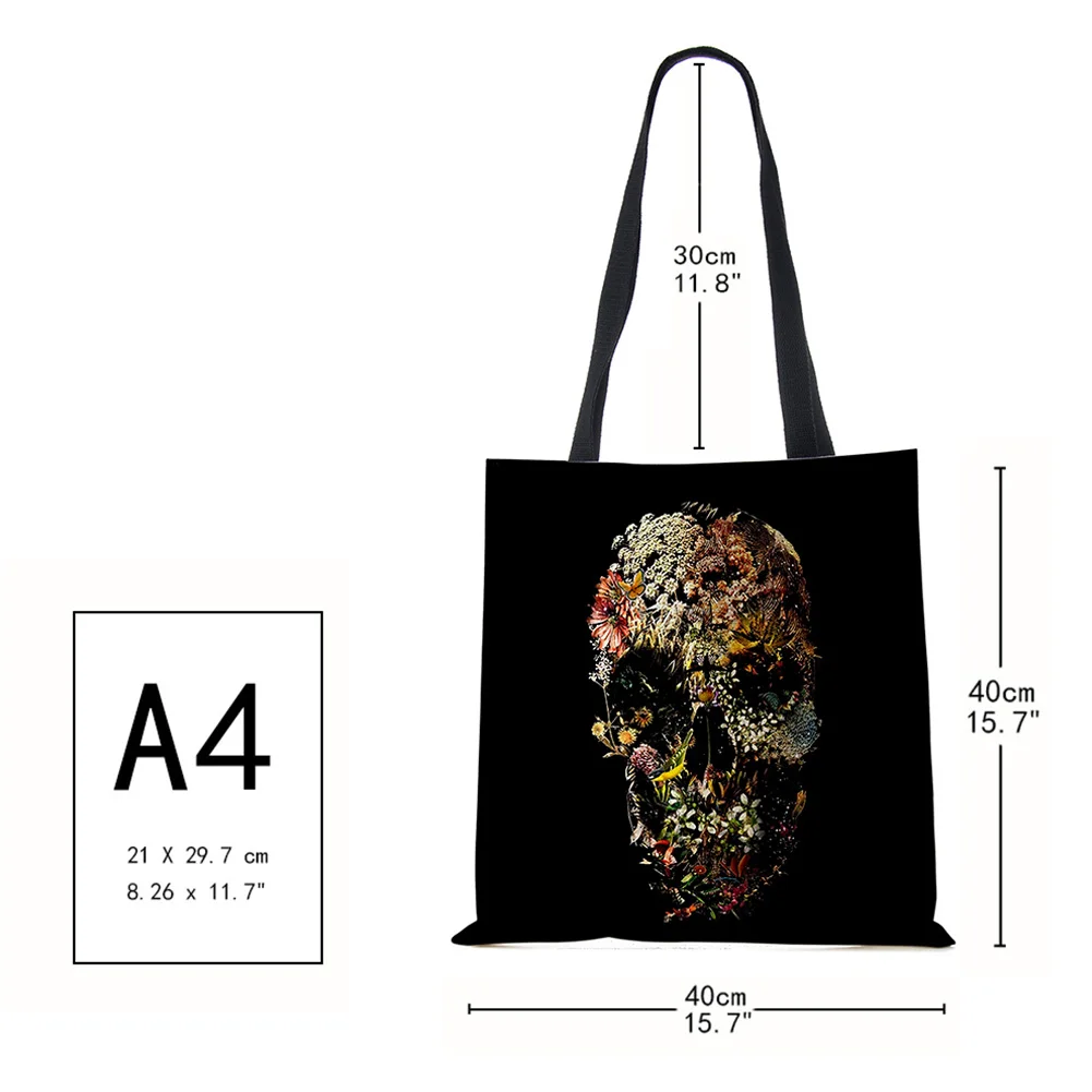 Dark Black Cool Skull Print Linen Tote Handbag Eco Reusable Bags For Women Traveling School Shoulder Bag Foldable