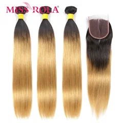 Miss Rola Hair Malaysia Straight Human Hair Weaving With Lace Closures 3 Bundles With 4*4 Closure Ombre 1B27 1B30 1B99 Remy Hair