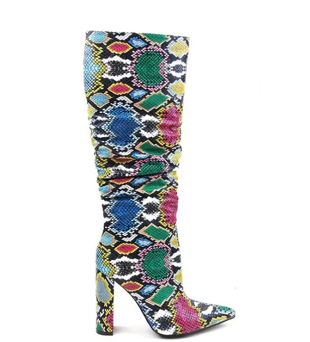 fashion woman colorful snake print chunky high heel pointed toe knee high boots woman