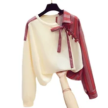 

Womens Long Sleeve Drawstring Fake Two-piece irregular Stitching Sptried Sweatshirts Casual Autumn Casual Pullover Tops