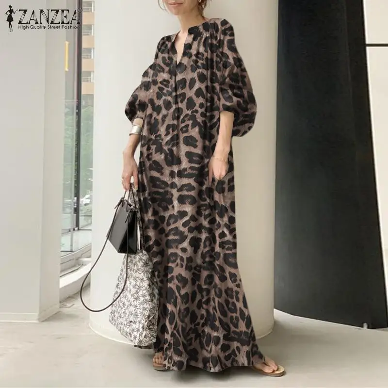 Fashion Printed Maxi Dress Women's Leopard Sundress 2023 ZANZEA Spring Puff Sleeve Long Vestidos Female V Neck Robe Oversize