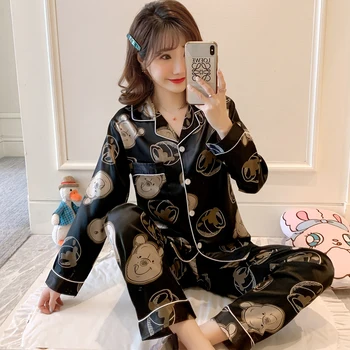

Spring and Autumn Sleepwear Cotton Ladies Pajamas Set Long Sleeves+Pans Cardigan Front Buckle Nightwear Lace Casual Pyjamas