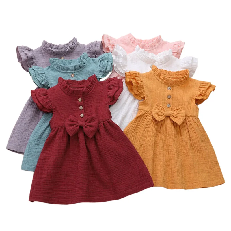 

2020 Toddler Kids Baby Girls Summer Dresses Solid Linen Button Ruffle Short Sleeve Cute Bow Princess Party Dress