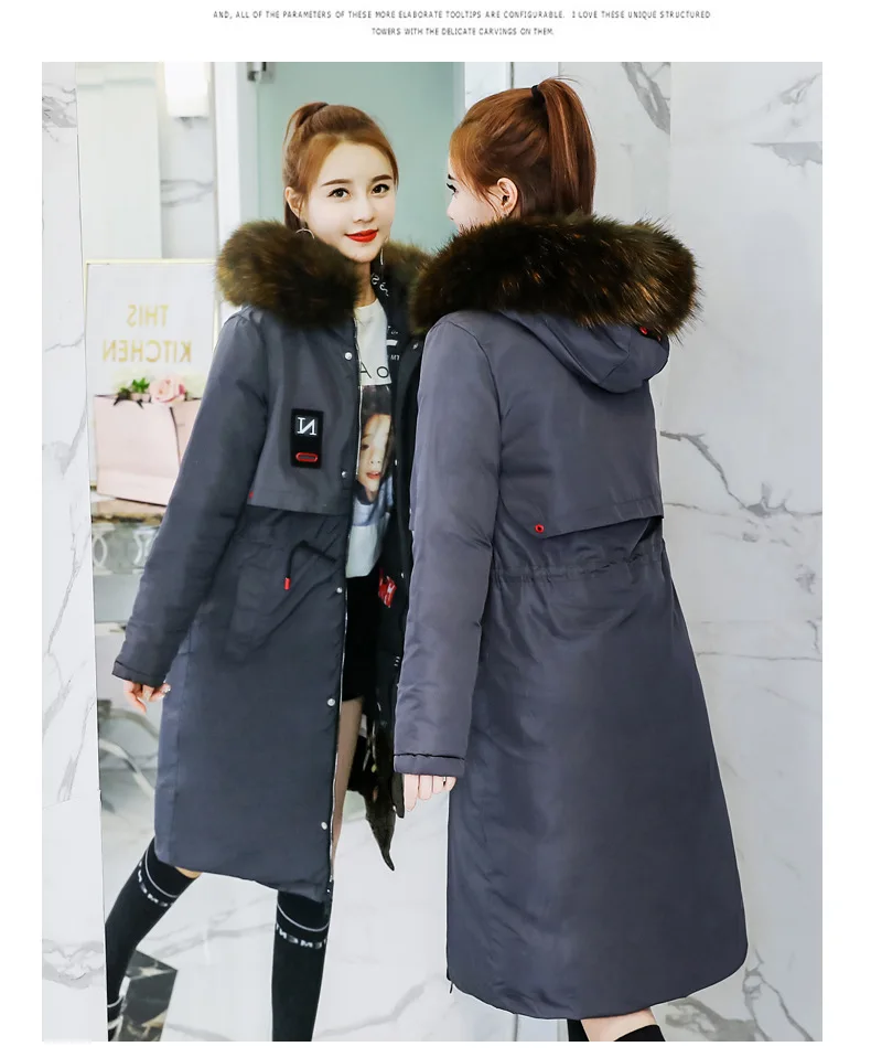 Opposite Wear Mid-length Winter Korean-style New Style Large Fur Collar Slim Fit Waist Hugging Coat Thick off Season Cotton