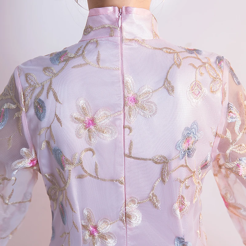 Комплект из 2 предметов, вышитые вечерние платья Cheongsam розового цвета для подружки невесты, винтажное элегантное платье для свадебной вечеринки, сексуальное платье длиной до середины икры