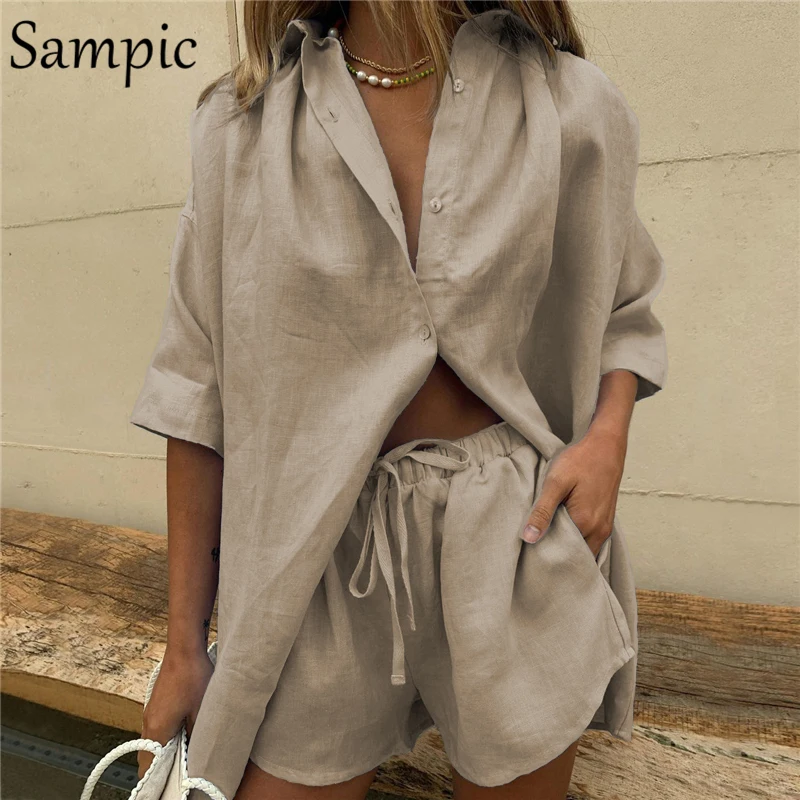 Sampic Summer Tracksuit Women 2021 Lounge Wear Shorts Set Short Sleeve Shirt Tops And Loose Mini Shorts Suit Two Piece Set crop top and skirt set