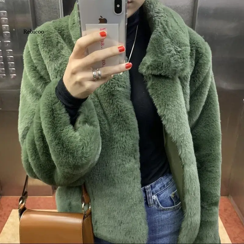 

Женское пальто из искусственного меха, зеленое однотонное теплое пальто с длинными рукавами и воротником с лацканами в Корейском стиле на осень и зиму