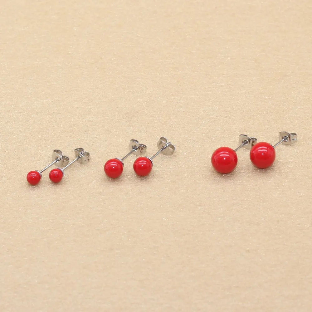 Kurze Ohrstecker aus Edelstahl, rote Natur-Muschelperlen, Perlen, 4 mm, 6 mm, 8 mm, kein Verblassen, allergiefrei – Detail 10