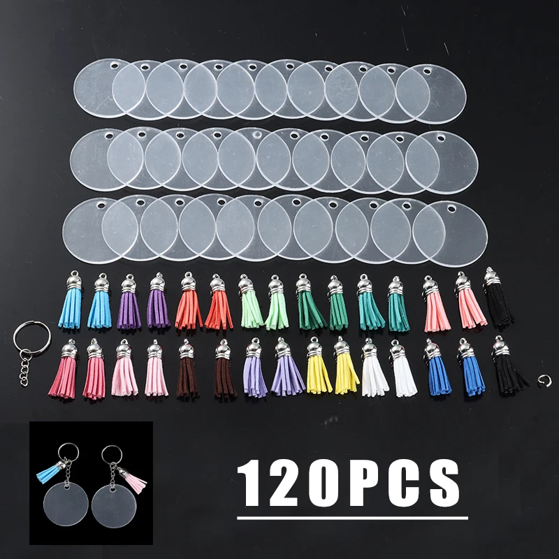 120pcs Keychain Tassels Leather Tassel Keychain Clear Acrylic Circle