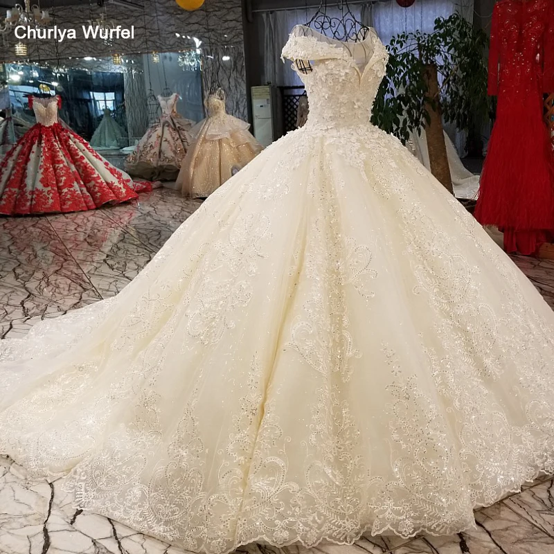 

LS01266 shiny sequined wedding dress with 3d flowers o neck cap sleeves lace up back champagne formal dress quick shipping 2018