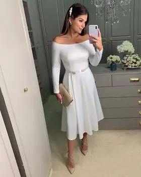 

Long Sleeves Off the Shoulder Satin Cocktail Dress Simple A Line Short Tea Length Plus Size White Elegant Evening Party Gowns