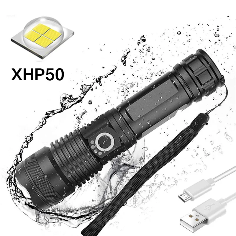 

Powerful LED Tactical Flashlight CREE XHP50 USB Rechargeable Super Bright Waterproof Torch Light Zoom LED 5 Modes Lamp Outdoor