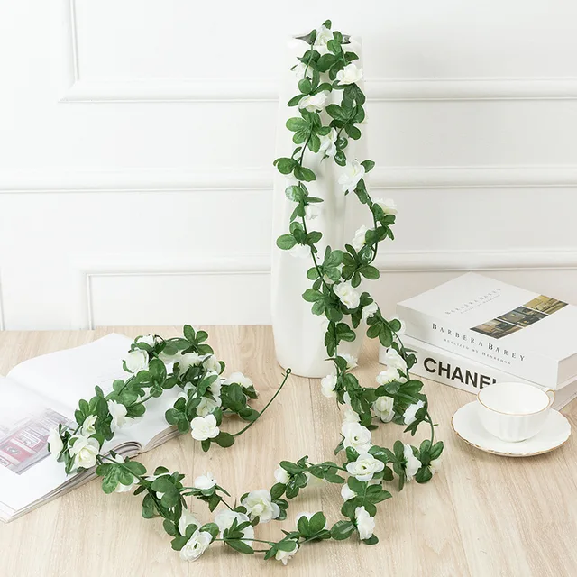 250CM Rose Artificial Flowers Christmas Garland for Wedding Home Room Decoration Spring Autumn Garden Arch DIY Fake Plant Vine white