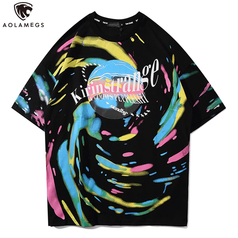 

Aolamegs Men's T Shirt Watercolor Graffiti Letter Print Casual High Street Oversize Hit Color Hip Hop Lovers Streetwear Summer