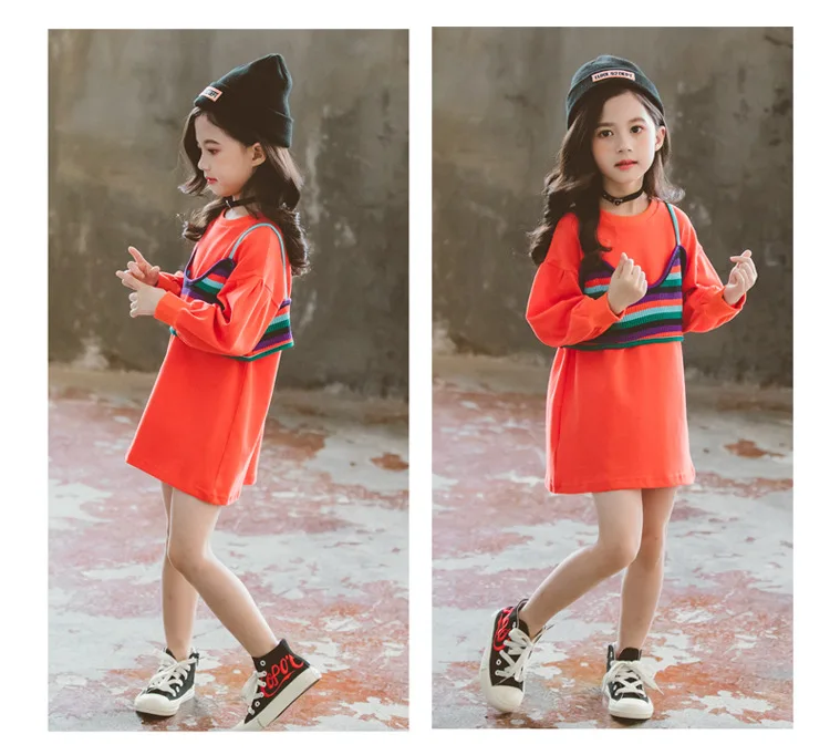Girls Sweatshirt Rainbow Sling Dress for Girl Full Sleeve Spring Autumn Casual Sport Stripe Love Dresse Children Cute Long Coats
