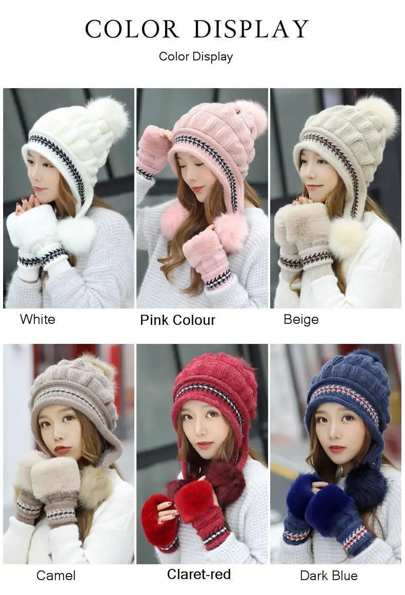Autumn Winter Solid Beanie Wool Soft Warm Knitted Cap Women Gorro Cuffed Hat For Women Glove